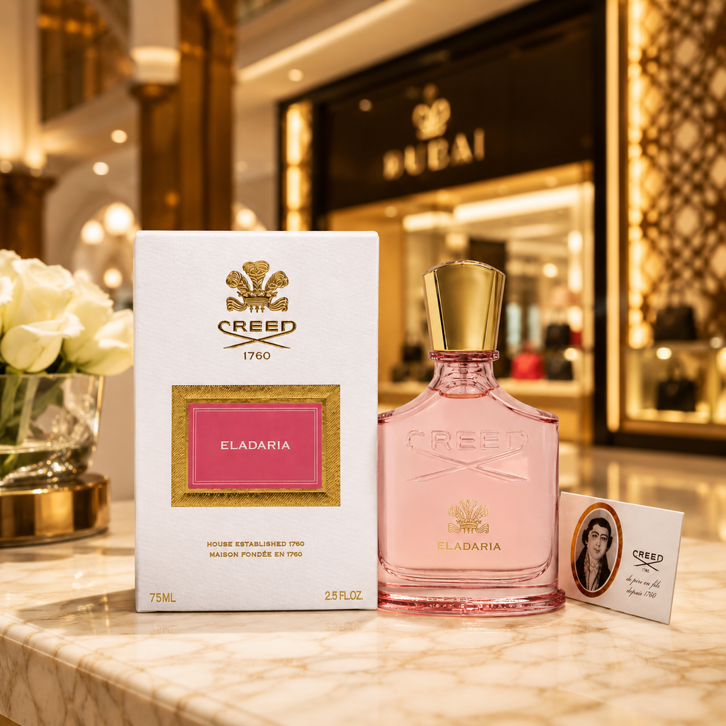 Creed Eladaria luxury perfume displayed in an elegant Dubai-inspired boutique setting with warm golden lighting