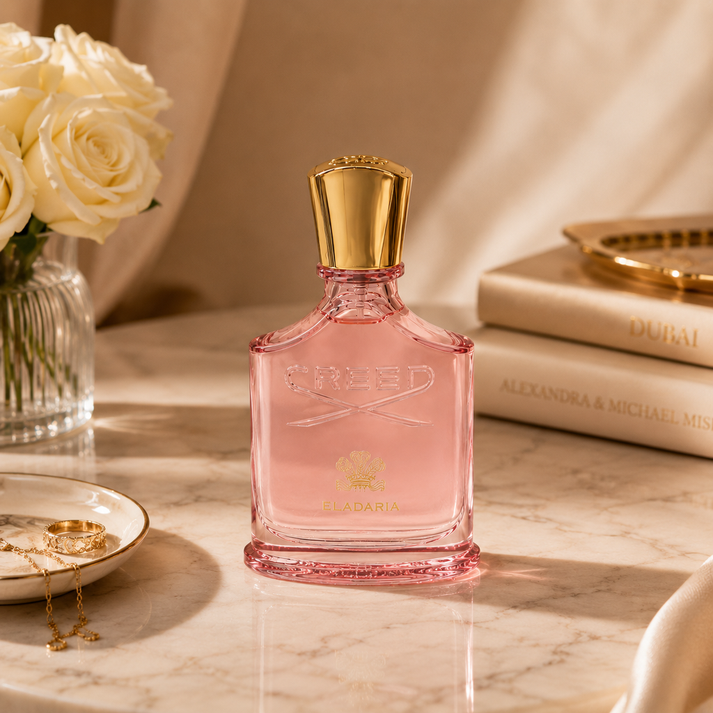 Creed Eladaria perfume displayed on marble surface with luxury accessories and sophisticated editorial styling