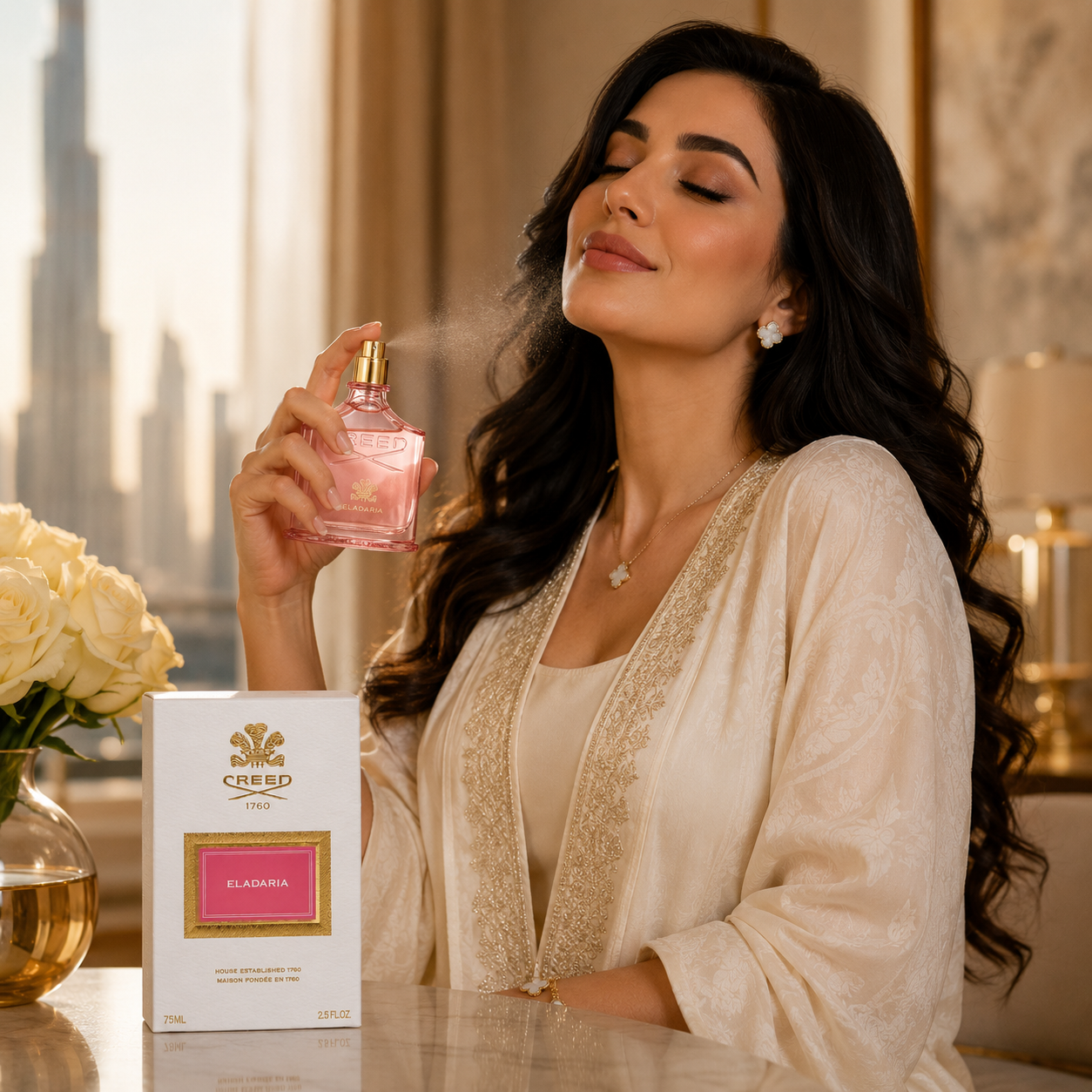 Elegant woman using Creed Eladaria luxury perfume in a premium fashion campaign inspired by modern UAE lifestyle