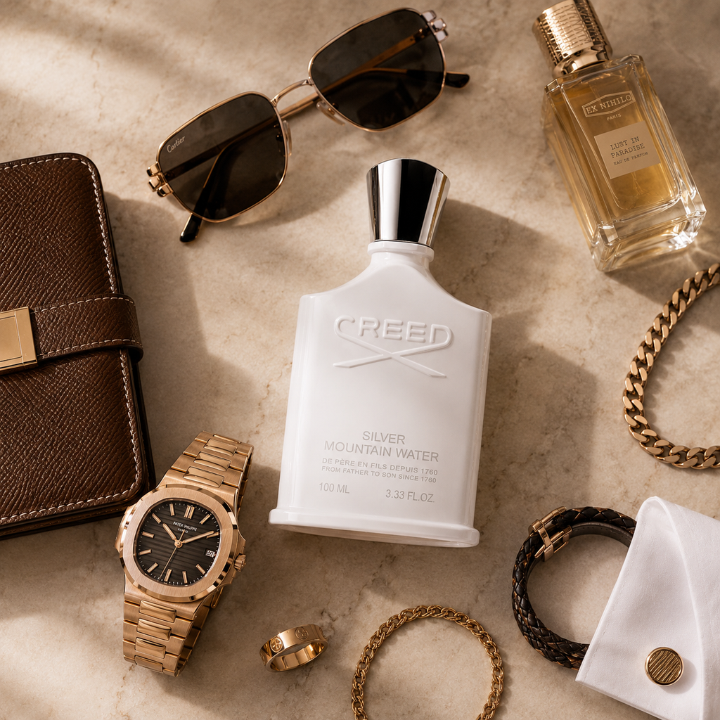 Luxury flatlay featuring Creed Silver Mountain Water perfume with sunglasses, watch, leather accessories, and jewelry