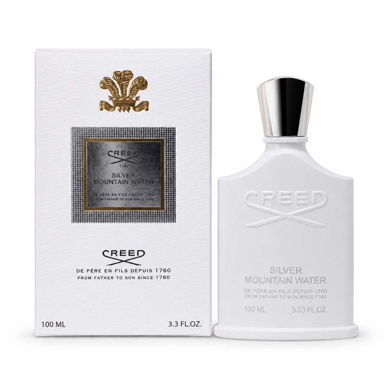 Creed Silver Mountain Water 100ML luxury men’s perfume bottle with premium white packaging on white background