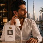 Elegant man using Creed Silver Mountain Water luxury perfume in modern Dubai lifestyle setting