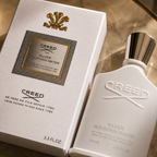 Close-up macro view of Creed Silver Mountain Water perfume showing luxury texture, premium finishing, and elegant bottle details