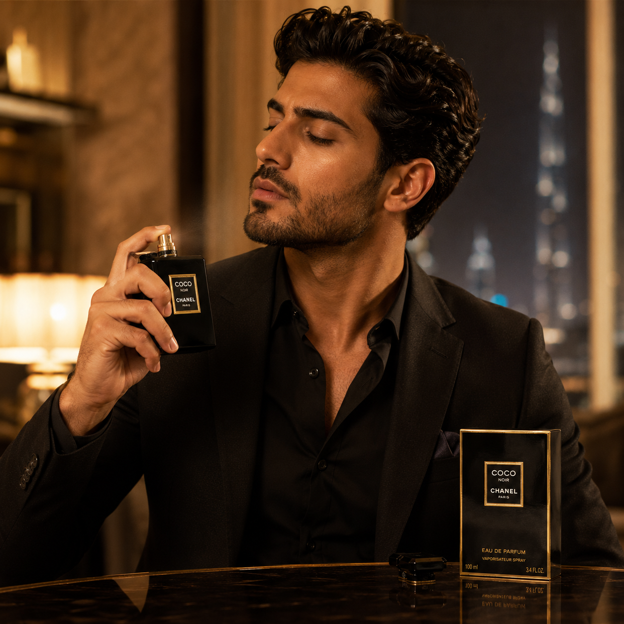 Elegant luxury fragrance featured in a premium fashion lifestyle setting, highlighting sophistication, confidence, and modern luxury style.