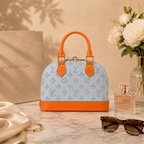 Luxury monogram handbag flatlay with sunglasses, perfume, jewelry, and premium fashion accessories in Dubai aesthetic