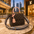 Luxury monogram handbag displayed in elegant Dubai-inspired luxury shopping environment with warm lighting