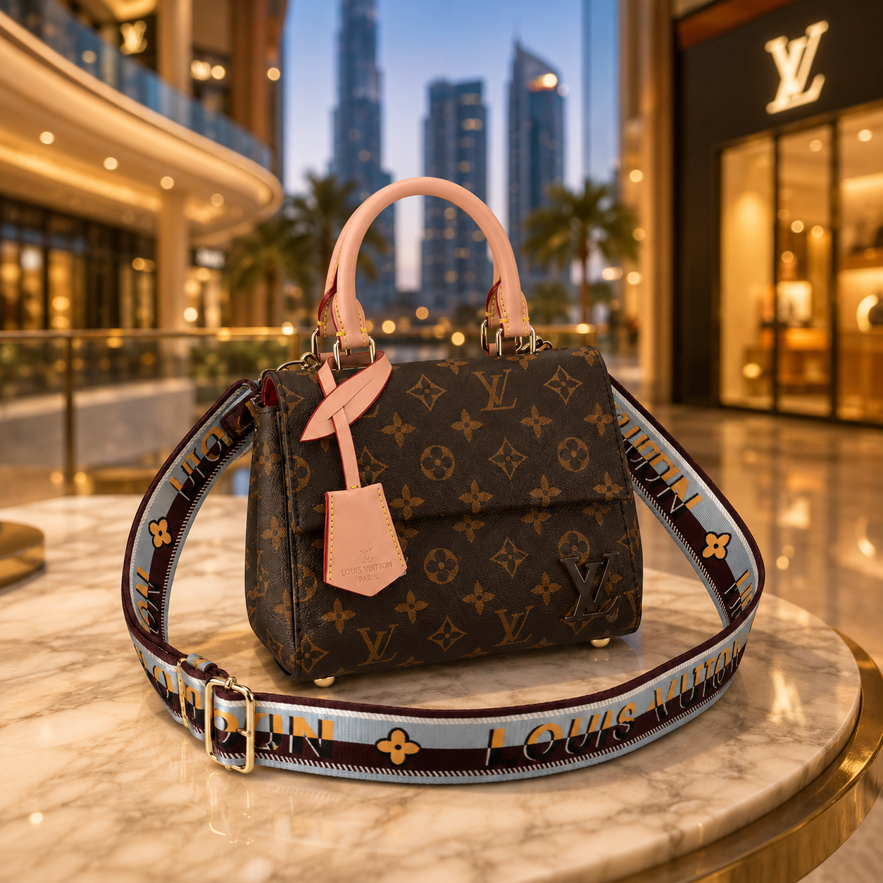 Luxury monogram handbag displayed in elegant Dubai-inspired luxury shopping environment with warm lighting