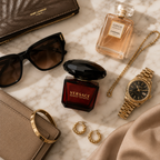 Luxury perfume surrounded by premium fashion accessories including sunglasses, jewelry, watch, and leather accessories on marble background.