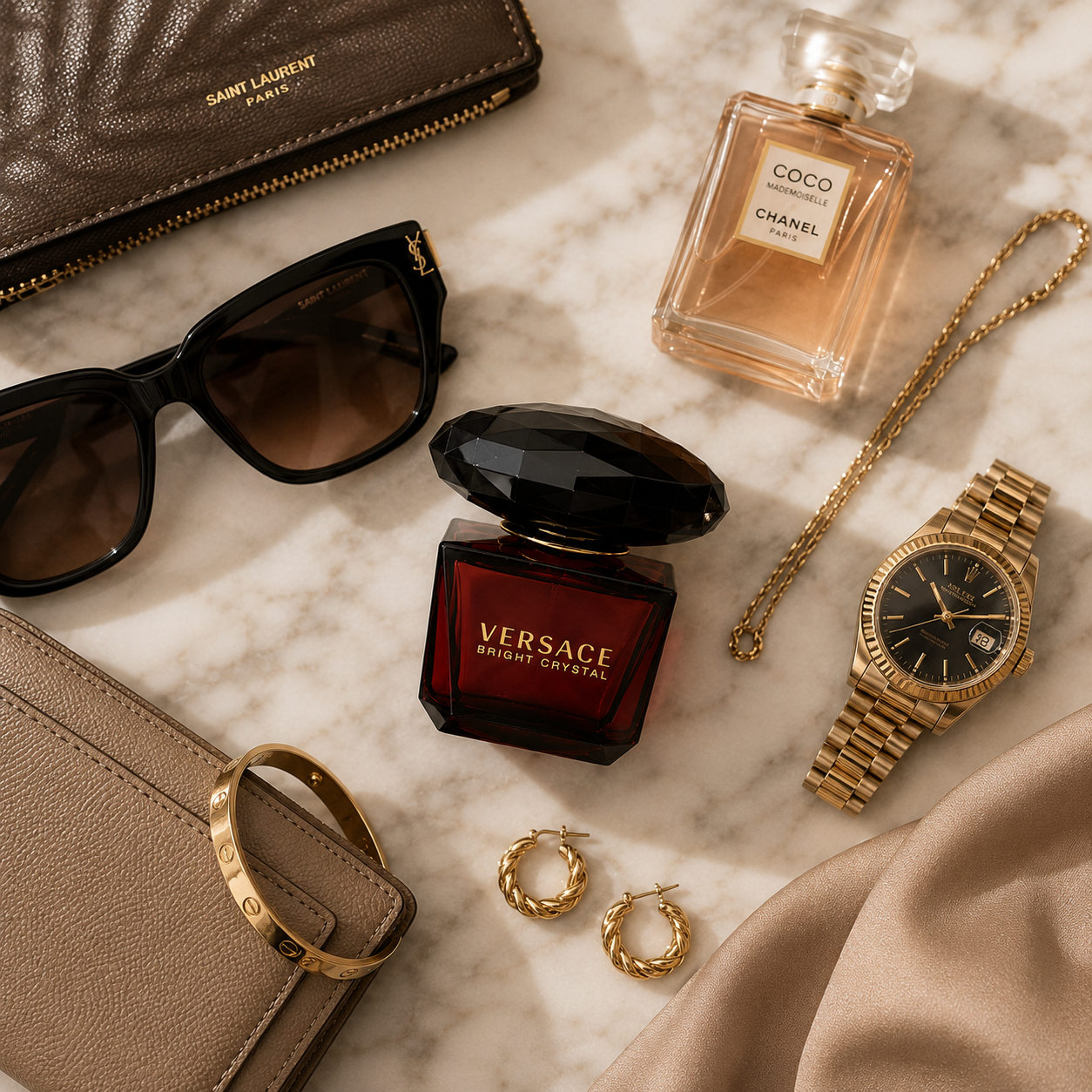 Luxury perfume surrounded by premium fashion accessories including sunglasses, jewelry, watch, and leather accessories on marble background.