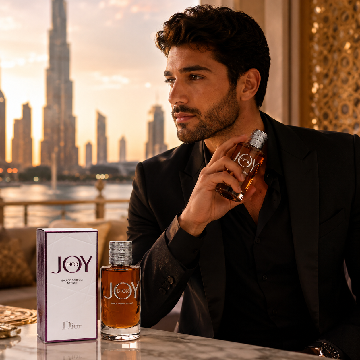 Elegant luxury fashion lifestyle image featuring Dior Joy Eau De Parfum Intense in premium UAE-inspired setting