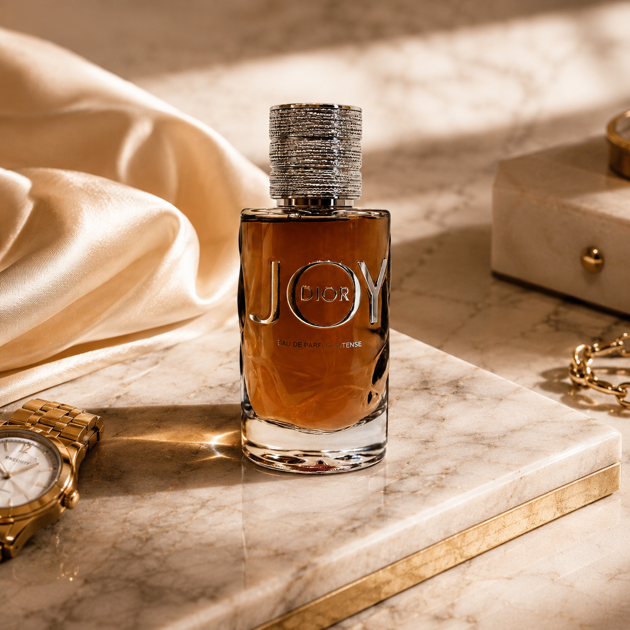 Luxury editorial composition of Dior Joy perfume bottle on marble surface with elegant beige styling accessories