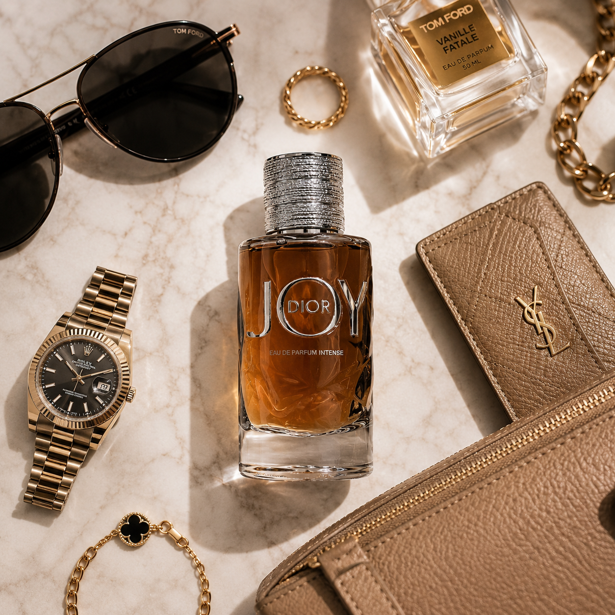 Premium flatlay featuring Dior Joy perfume with sunglasses, jewelry, watch, and luxury leather accessories