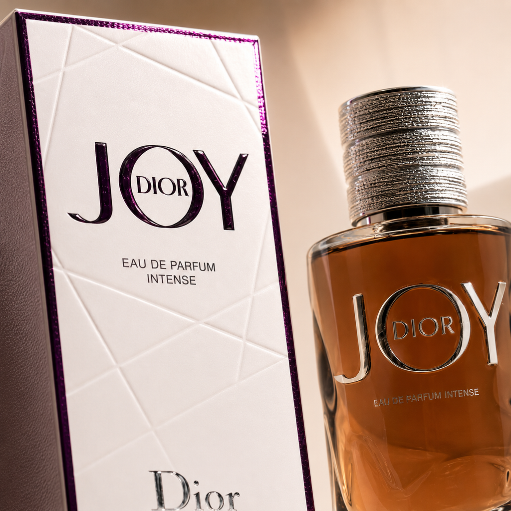 Close-up macro photography of Dior Joy Eau De Parfum Intense showcasing luxury bottle texture and premium detailing
