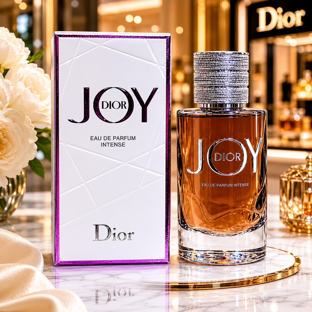 Dior Joy Eau De Parfum Intense displayed in elegant Dubai-inspired luxury lifestyle environment