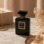 Premium black Eau de Parfum displayed on marble surface with beige luxury styling, elegant accessories, and sophisticated editorial photography aesthetic.