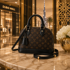 Luxury designer inspired handbag with premium monogram pattern and gold-tone accents
