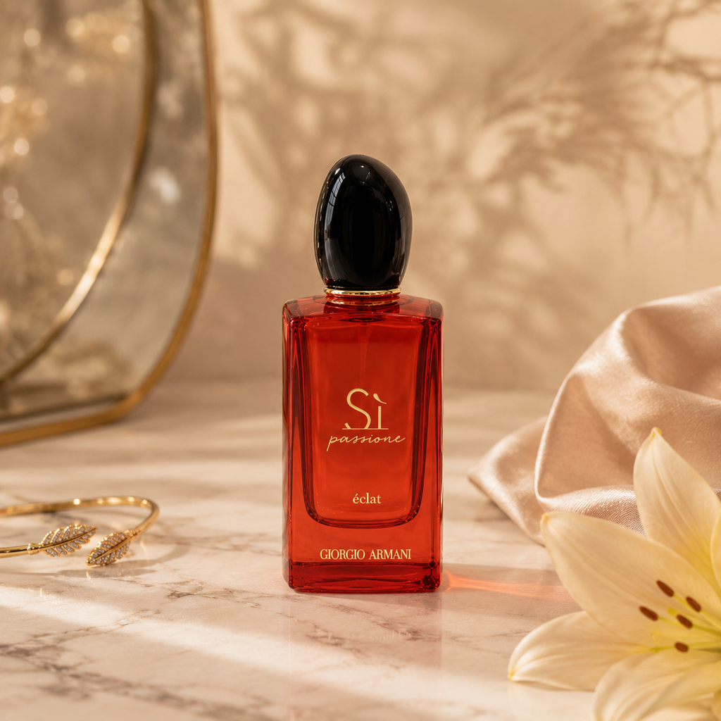 Premium women's eau de parfum displayed on marble surface with luxury accessories and sophisticated editorial styling.