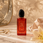 Premium women's eau de parfum displayed on marble surface with luxury accessories and sophisticated editorial styling.