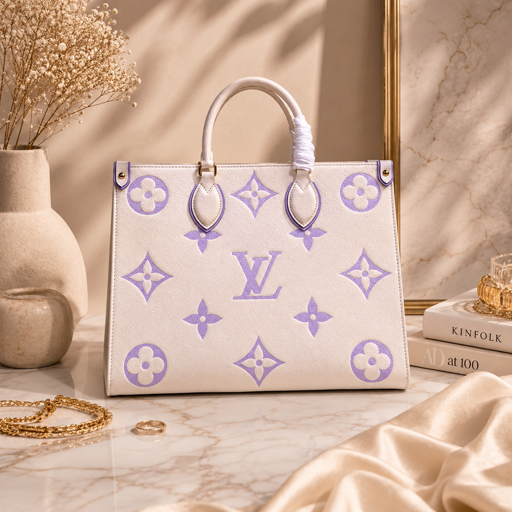 Designer handbag with purple patterns on a marble surface