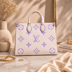 Designer handbag with purple patterns on a marble surface