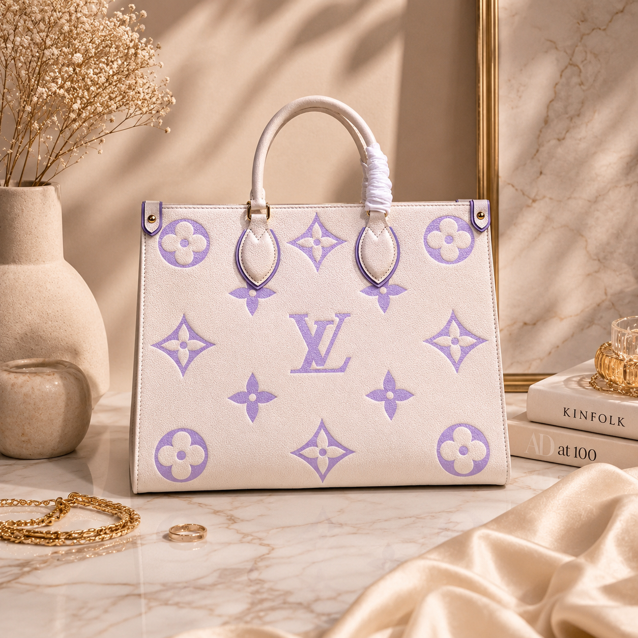 Designer handbag with purple patterns on a marble surface