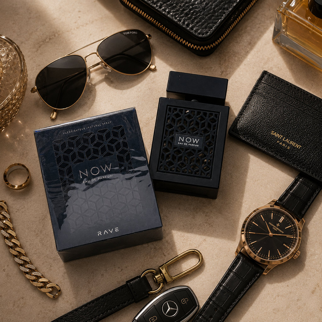 Luxury perfume gift presentation featuring NOW Eau de Parfum with premium packaging and elegant styling.