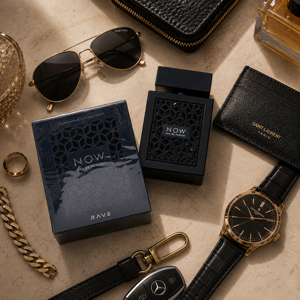 Luxury perfume gift presentation featuring NOW Eau de Parfum with premium packaging and elegant styling.