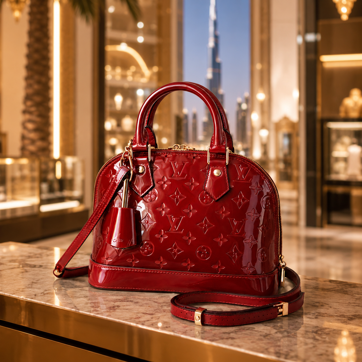 Luxury red glossy handbag displayed inside premium Dubai-inspired fashion boutique with warm lighting.