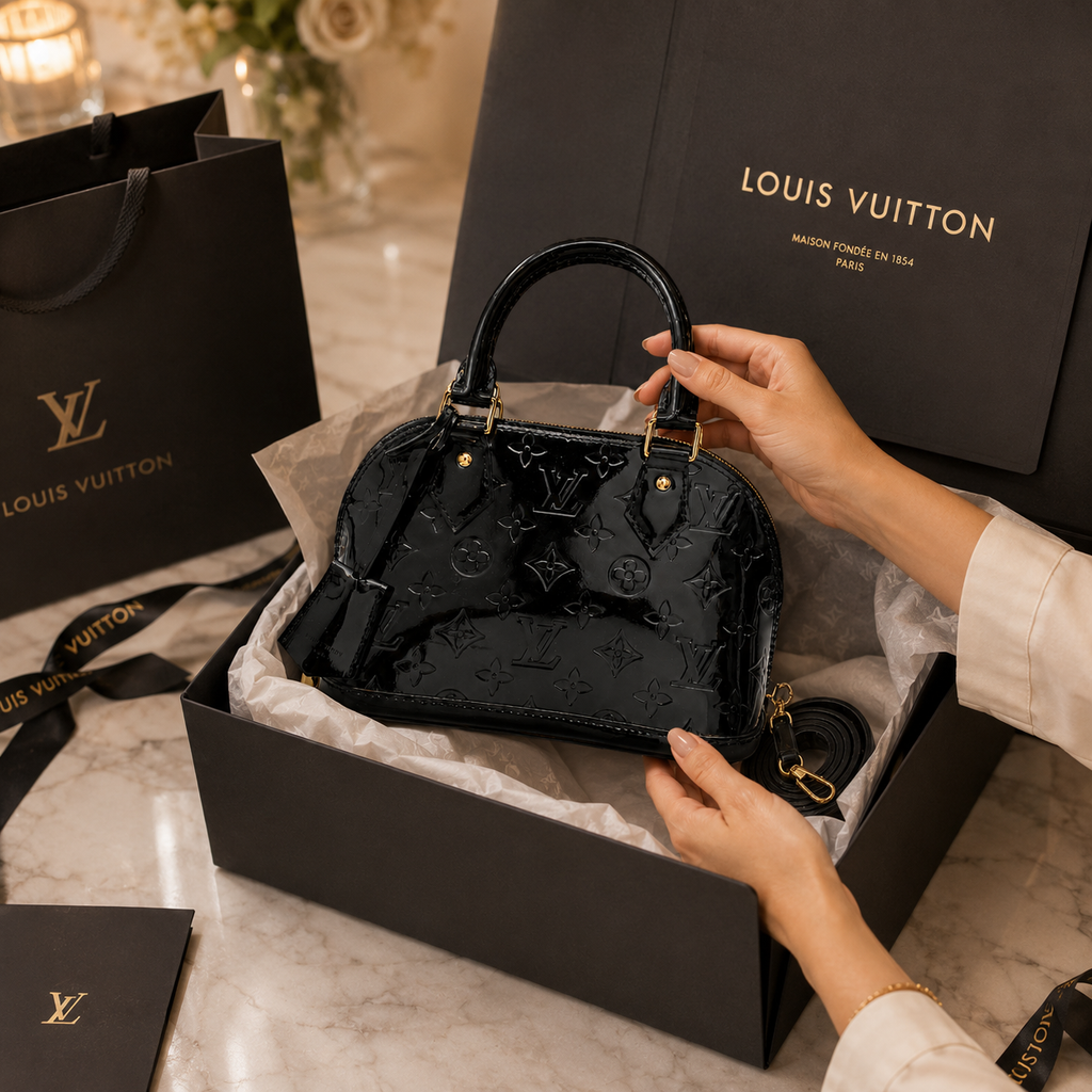 Elegant black designer handbag with shiny patent leather texture and premium gold accents.