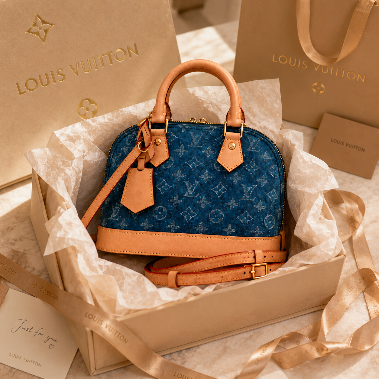 Luxury blue monogram handbag styled for modern UAE fashion lifestyle and designer campaign aesthetic