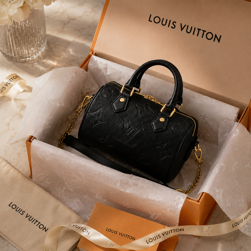 Elegant woman holding luxury black handbag in premium UAE fashion lifestyle setting