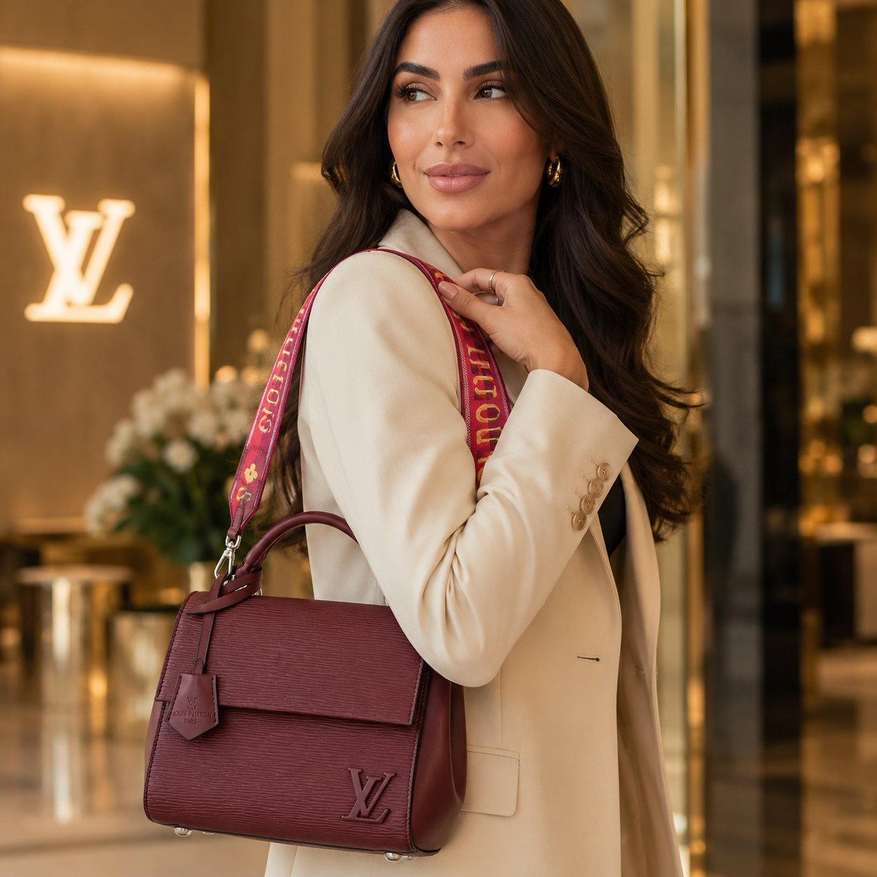 Stylish woman carrying a burgundy luxury handbag in a premium fashion boutique setting with elegant UAE-inspired styling.