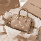 Stylish woman holding beige luxury mini handbag in premium mall environment