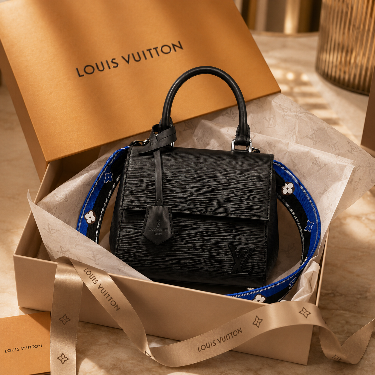 Stylish woman carrying luxury black leather handbag in elegant Dubai luxury mall setting