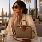 Luxury women’s tote handbag styled with elegant fashion model in premium Dubai luxury lifestyle setting