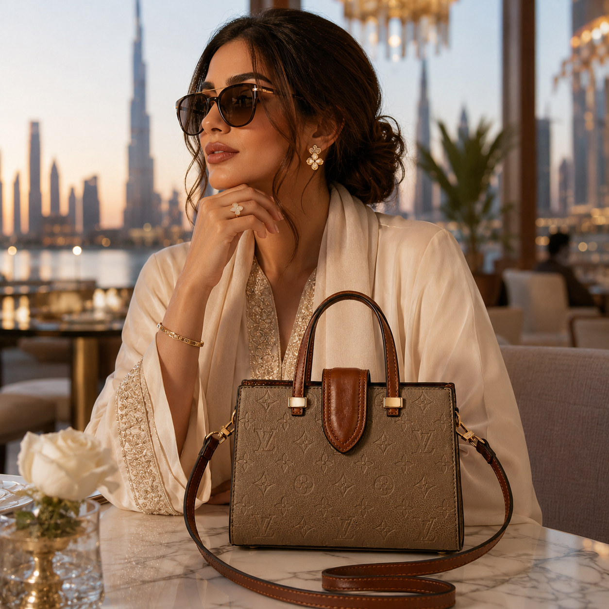 Luxury women’s tote handbag styled with elegant fashion model in premium Dubai luxury lifestyle setting