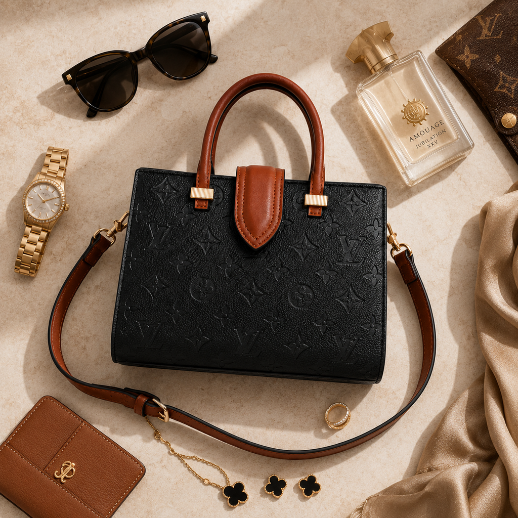 Stylish woman carrying luxury embossed tote handbag in elegant UAE fashion lifestyle setting