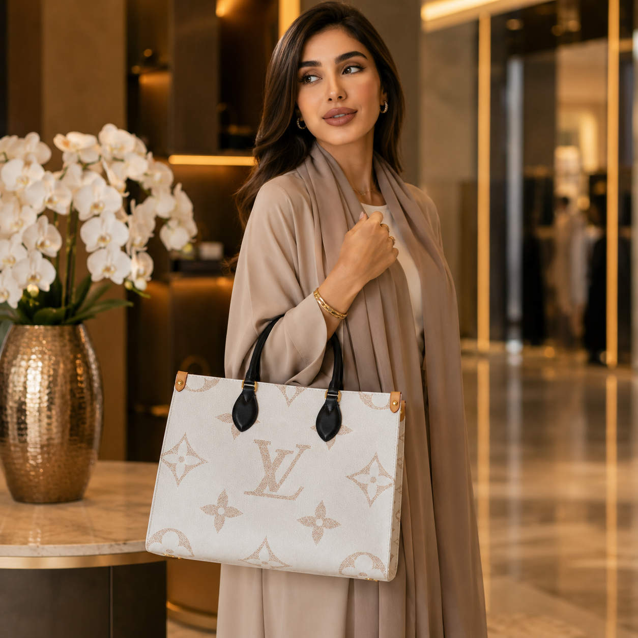 Woman holding a Louis Vuitton handbag in an elegant interior setting