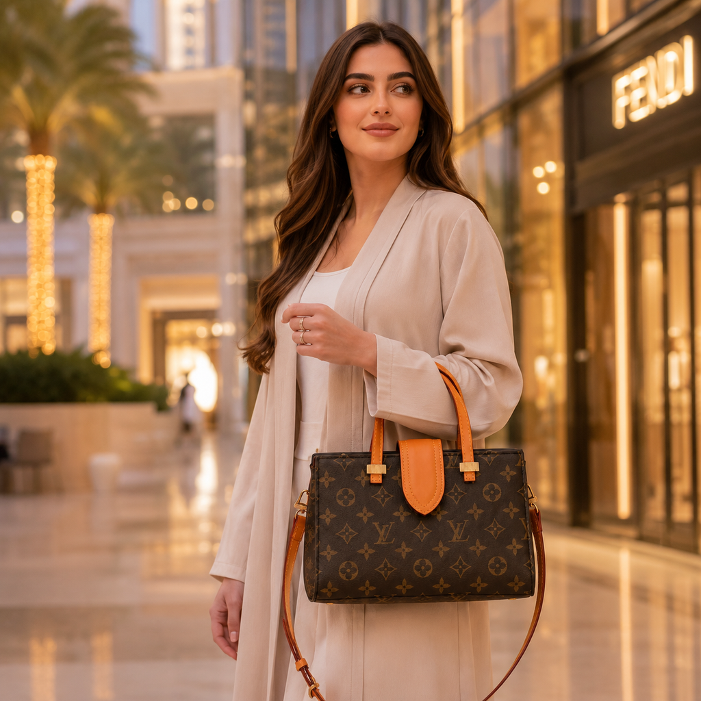 Fashion model carrying a luxury monogram tote bag in a modern Dubai luxury shopping environment with elegant styling.