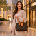 Fashion model carrying a luxury monogram tote bag in a modern Dubai luxury shopping environment with elegant styling.