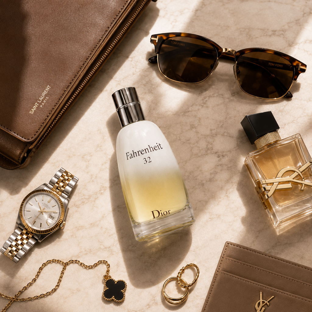 Fahrenheit 32 men's fragrance arranged with luxury watch, sunglasses, jewelry and leather accessories on marble background