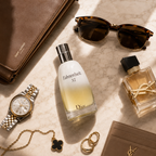 Fahrenheit 32 men's fragrance arranged with luxury watch, sunglasses, jewelry and leather accessories on marble background