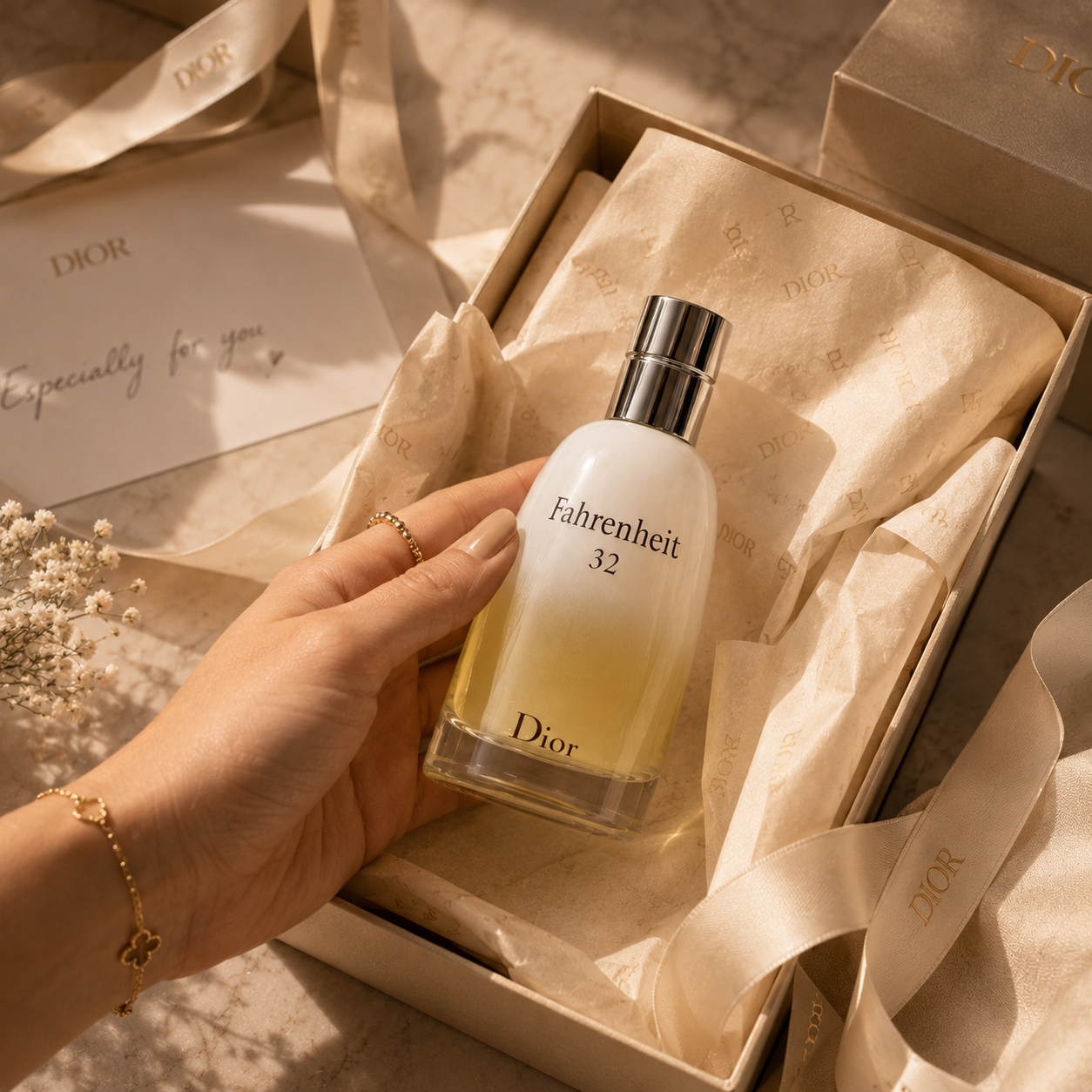 Luxury unboxing experience featuring Fahrenheit 32 men's perfume with premium gift box, tissue paper and ribbon packaging