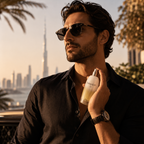 Stylish gentleman holding Fahrenheit 32 luxury men's perfume in a premium Dubai fashion lifestyle setting