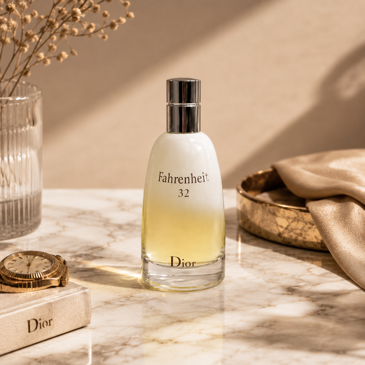 Fahrenheit 32 men's perfume displayed on marble surface with elegant luxury editorial styling and accessories