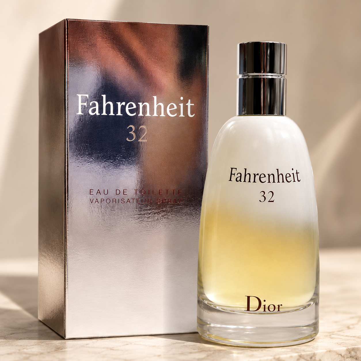 Close-up view of Fahrenheit 32 men's perfume highlighting premium bottle finish and luxury craftsmanship