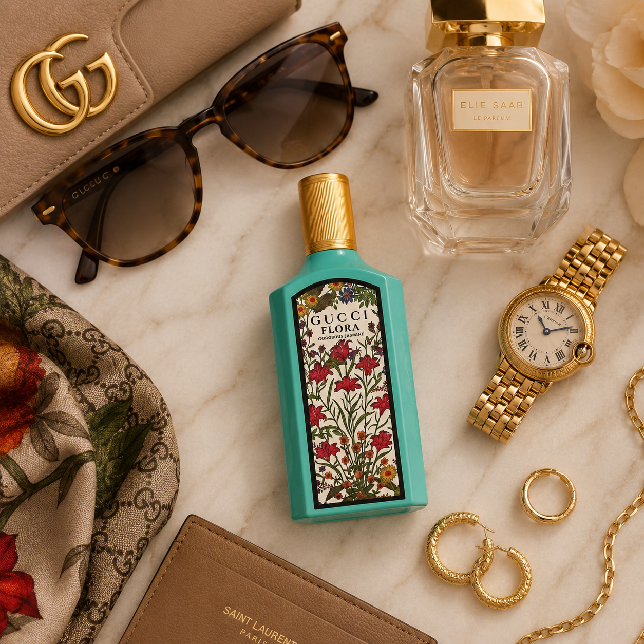Flora Gorgeous Jasmine perfume surrounded by sunglasses, jewelry and luxury fashion accessories