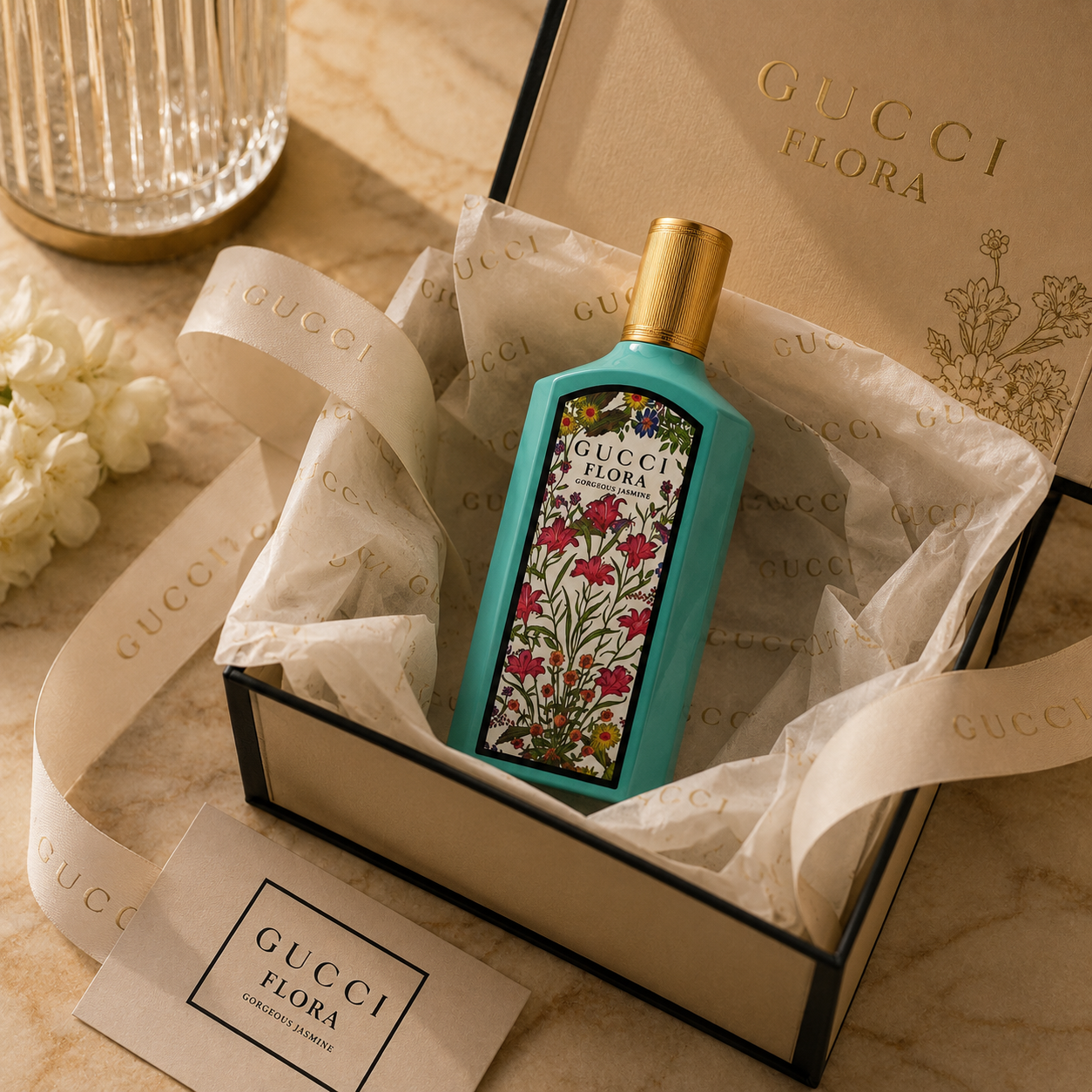 Flora Gorgeous Jasmine perfume presented in premium gift box with luxury ribbon and tissue paper