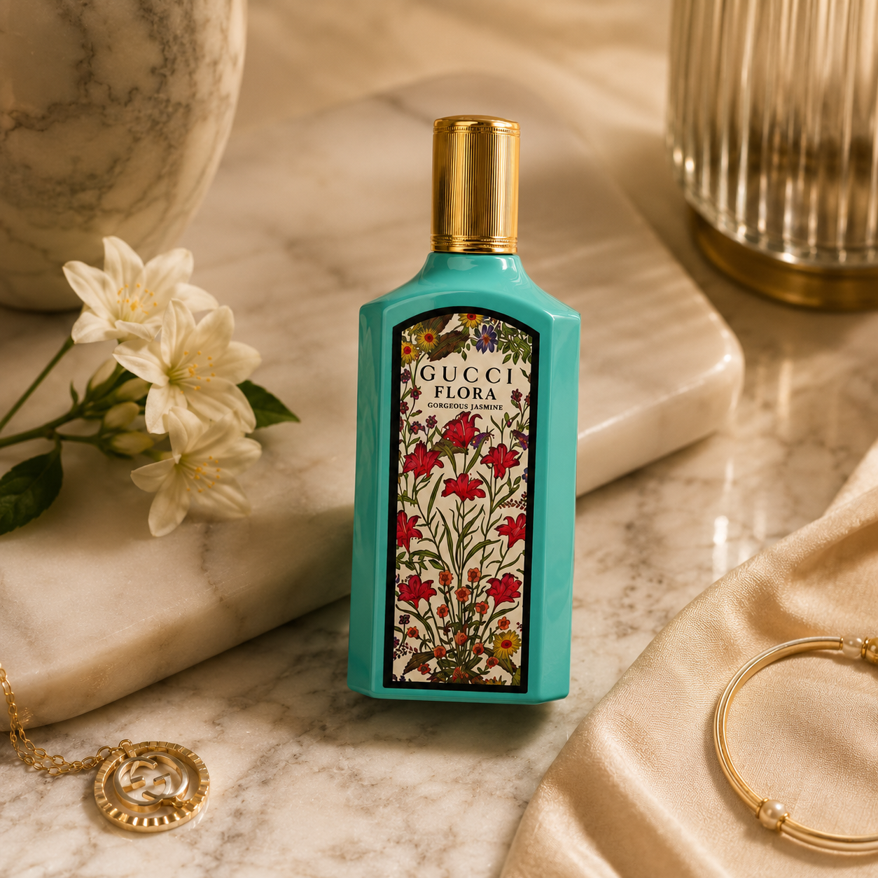 Flora Gorgeous Jasmine floral perfume styled on marble surface with luxury accessories