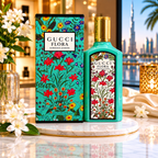 Flora Gorgeous Jasmine luxury perfume displayed in premium Dubai-inspired boutique environment
